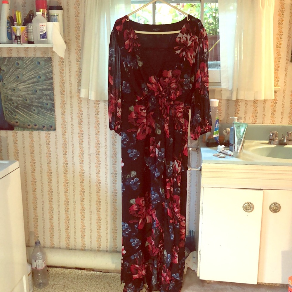 Semi sheer black dress with floral print